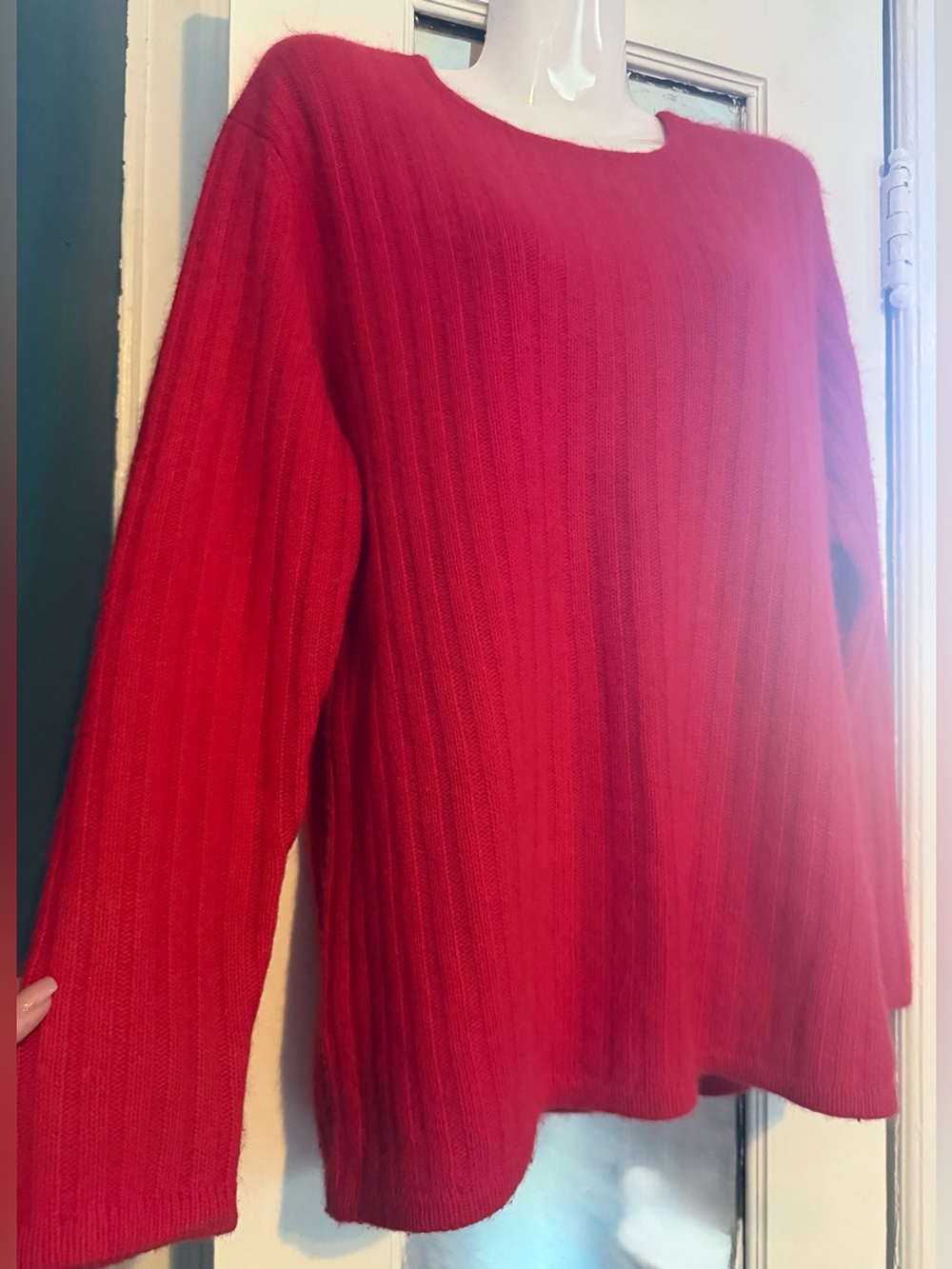 Rafaella Red Angora Lambswool Blend Fluffy Ribbed Crewneck Winter Sweater M